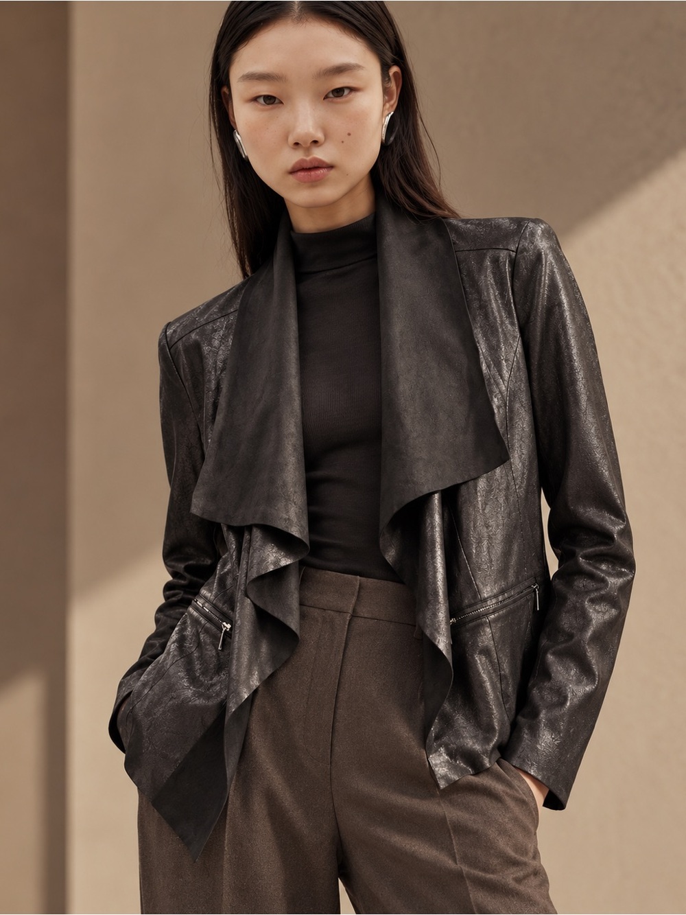 NWT Worthington Black Faux Leather Waterfall Drape Jacket S